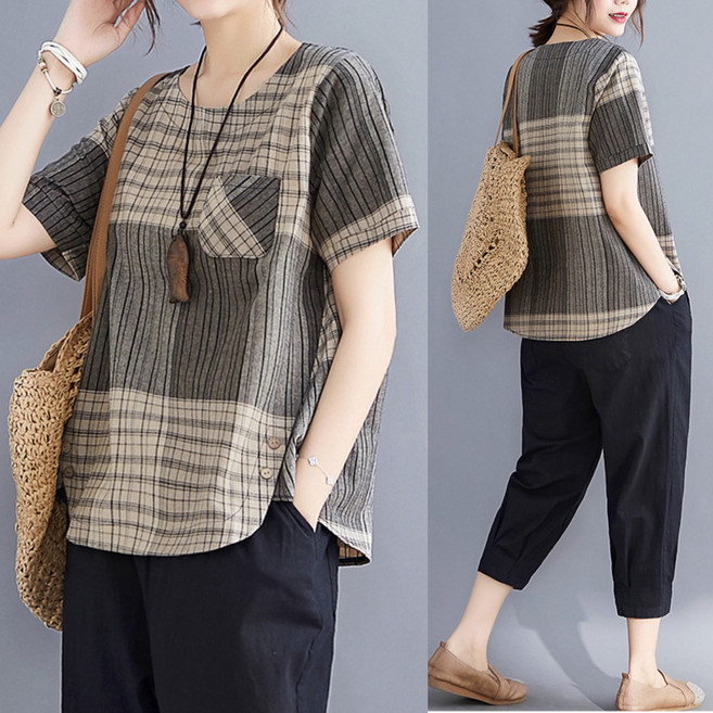 에쥬아 중년여성 여름 반팔티 루즈핏 라운드넥 체크무늬 티셔츠 캐주얼룩