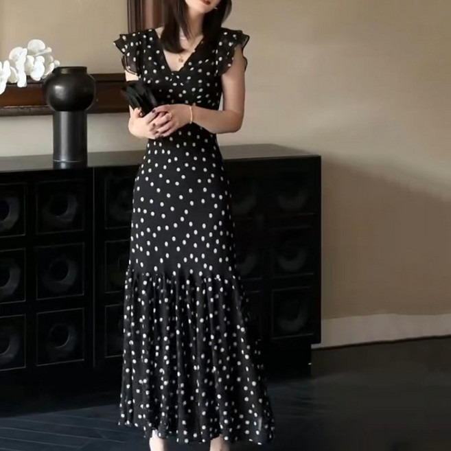 Beelski 여자 여름 도트 브이라인 롱 원피스 러플 슬리브 라이트 아이템TC249