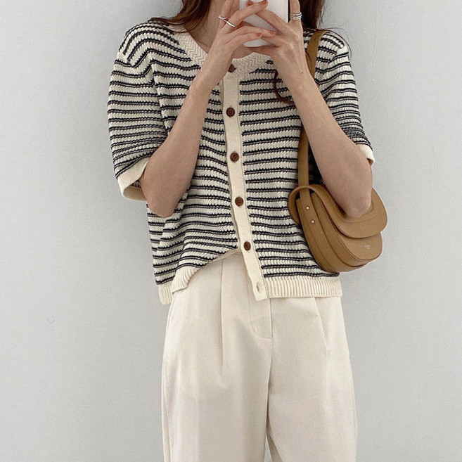 SAHINER 여성 반팔 니트 가디건 스트라이프 버튼 루즈핏 데일리 ATX84