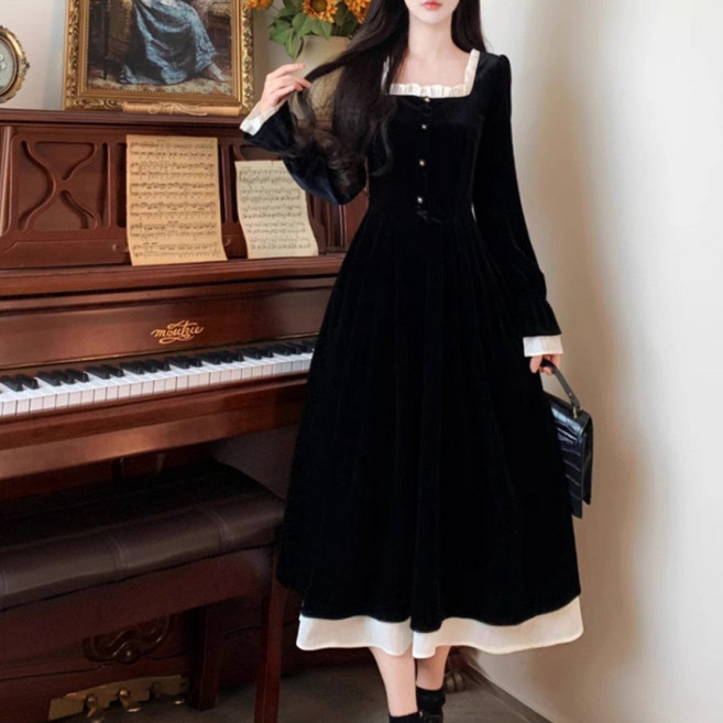 경성 스타일 개화기 벨벳 원피스 블랙 빅사이즈 4XL 겨울 의상 드레스