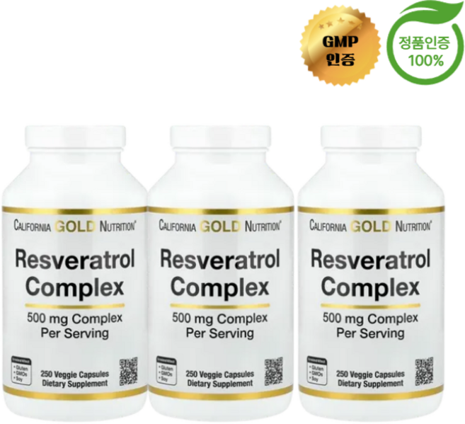 2+1 캘리포니아 골드 뉴트리션 레스베라트롤 복합체 500mg 포도씨추출물 레드와인추출물 250정, 3개