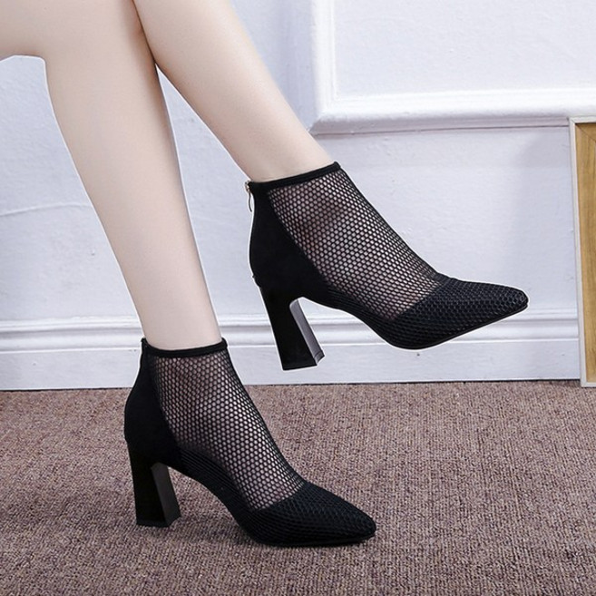 Makone 여름 시스루 힐 펀칭 스틸레토 통굽 부츠 망사 샌들