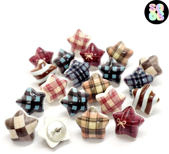 핸드메이드 통통한 체크무늬 별 귀여운 압정 예쁜 압핀 셋트 엽서 사진 크로크보드 게시판, 1세트, 20개입
