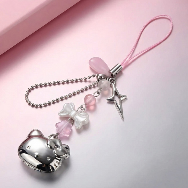 엘렌 키티 리본 키링 키홀더 열쇠고리 가방 이어폰, 1개, 핑크