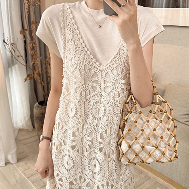 룩업 여성 펀칭 니트 원피스 레이스 뷔스티에 롱 원피스 레이어드