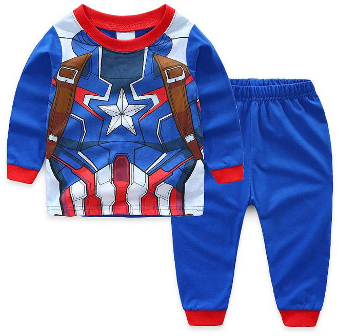 마블 스파이더맨 코튼 긴팔 파자마 세트 편안한 봄가을 홈웨어 실내복 만화 디자인 면 잠옷 상하세트 어린이용 침구선물 추천, 089 캡틴 아메리카 앞면우유실크