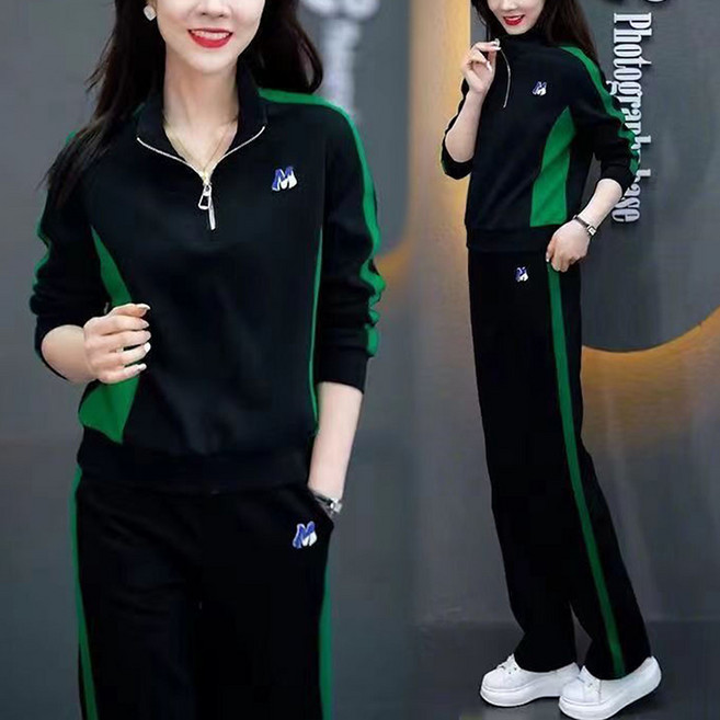 여성 봄가을 반집업 맨투맨 긴팔티 루즈핏 패션 배색 와이드 운동바지 밴딩팬츠 트레이닝복 투피스세트