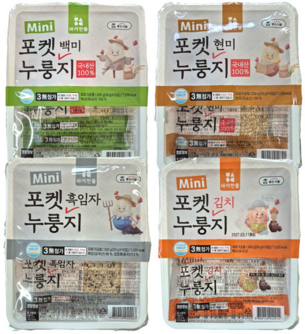 포켓 누룽지 국내산 x(백미+현미+흑임자+김치), 4개, 330g