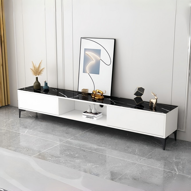 YAPOGI 대리석 무늬 모조 세라믹 수납형 서랍형 거실 TV장 수동 설치, 검정색 + 흰색