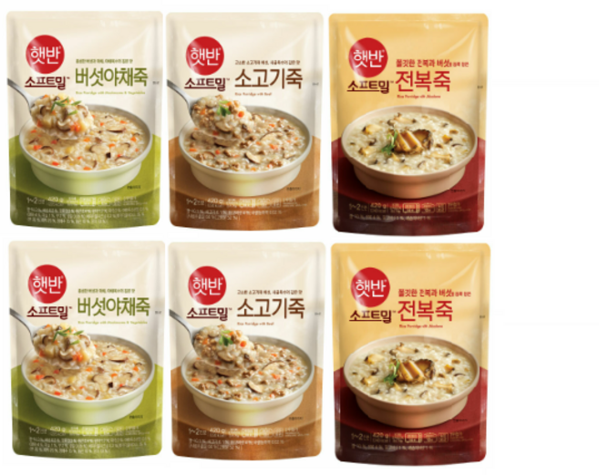 [총 6개입/450g]비비고죽 전복2+버섯야채2+소고기2, 12개, 420g