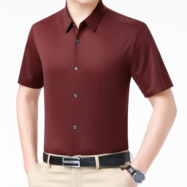 新款商務桑蠶絲短袖襯衫男中年夏季休閒正裝高端無痕男士襯衣爆款