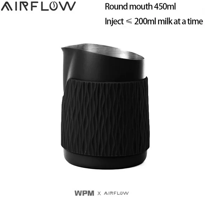 미니빔 AIRFLOW x WPM 협업 우유 거품기 주전자 450ml 스테인레스 스틸 우유 투수 라떼 아트 샤프/라운드, 01 450ml, 05 R-Black