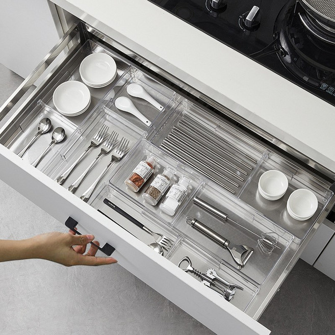 마마무드 1+1 칸조절 주방 서랍 수저정리함 트레이, 1세트, 1+1 투명칸조절_와이드
