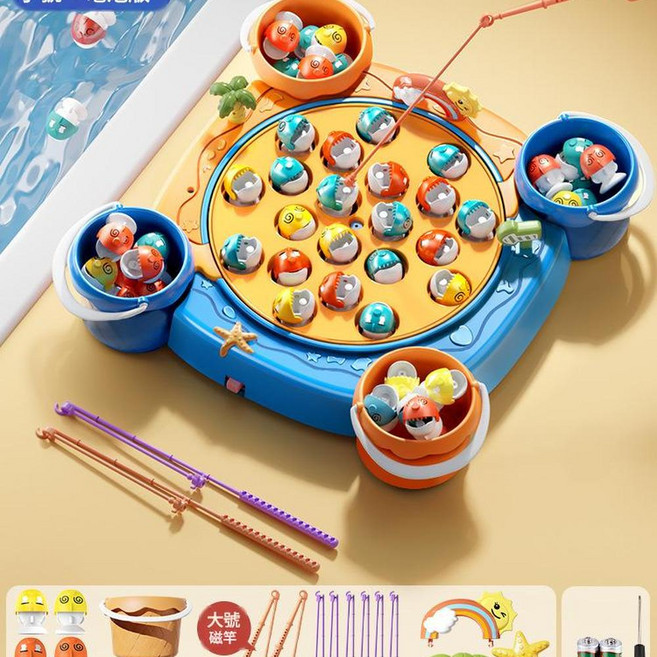 電動磁性釣魚臺 兒童早教益智音樂互動玩具, 藍電池31磁性魚4桶8竿4立體場景, 1個