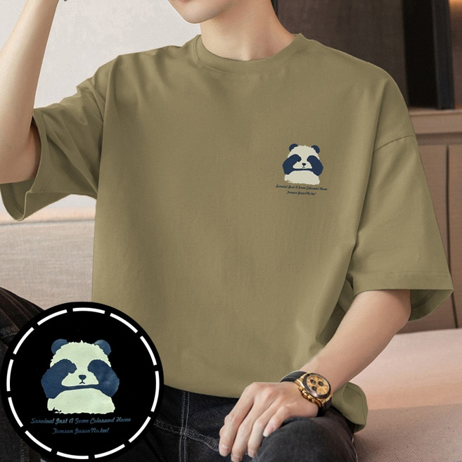 260g코튼 라운드넥 순면 곰돌이 프린트 남성 반팔 티셔츠