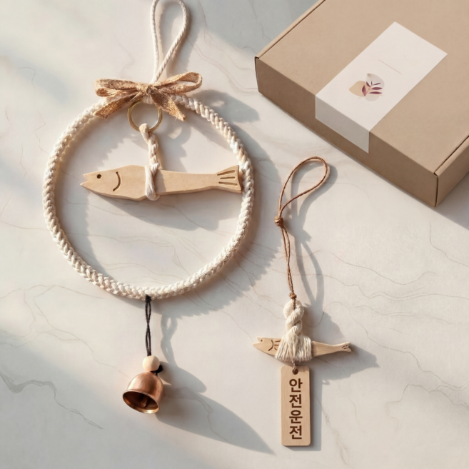 그로스픽 액막이 명태 가정용 차량용 2종 선물세트 구리종 [고급선물포장], 베이지