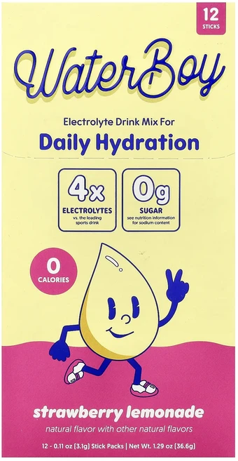 효과가 좋은 Waterboy 일상 수분 공급 전해질 드링크 믹스 딸기 레모네이드 스틱팩 12개 개당 3.1g(0.11oz) 최저가격, Waterboy일상수분공급전해질드링크믹스딸기레모네이드스 - 쿠팡