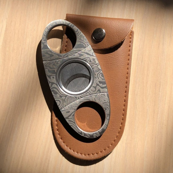 누리몰 다마스커스패턴 시가커터 + 가죽케이스, 다마스커스 패턴 + 가죽 케이스, 1개