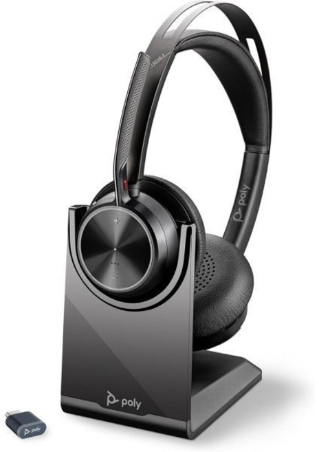 Poly 폴리 보이저 포커스 2 UC 무선 헤드셋 마이크 및 충전 스탠드 플랜트로닉스 - 액티브 노이즈 캔슬링 ANC 블루투스로 PC맥모바일 연결 Teams Zoom 등 호환, 2023 Version (USB-C & USB-A), Headset + Charge Stand