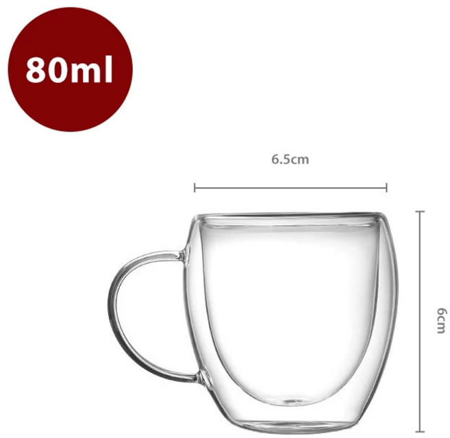 雙層隔熱玻璃杯 80ml 容量 6.5cm 寬 6cm 高, 80ml玻璃杯【有把】, 1個