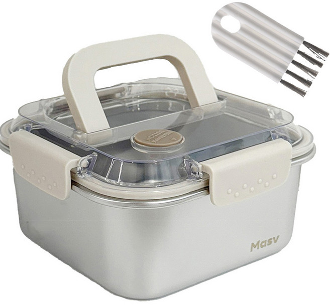 마시뷰 스텐304 사각 밀폐용기 전자렌지가능 반찬통 대용량 스테인리스 김치통 보관용기, 1200ml+뚜껑세척솔, 1세트