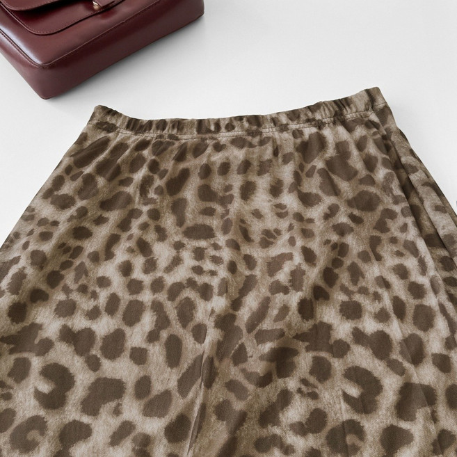 復古豹紋輕薄雪紡鬆緊長裙，中長裙，女裝秋冬