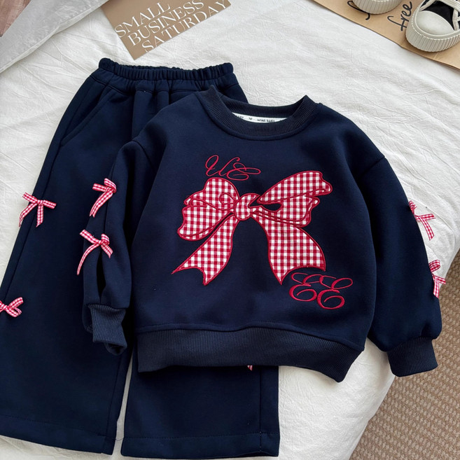 ZPEIZ 봄 가을 여아 초등 학생 상하복 세트 리본 맨투맨 팬츠 세트