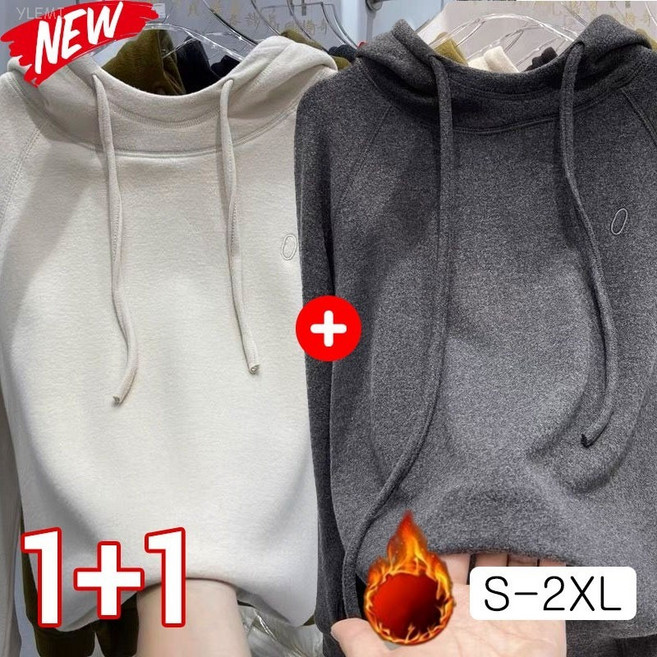YLEMI 1+1 가을겨울 캐주얼 기모 긴팔 후드 맨투맨 여성 루즈핏 단색 티셔츠 2장 세트