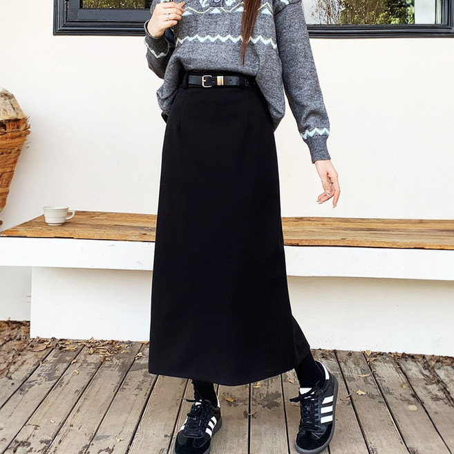 라뷰드 스웨이드 벨트 롱스커트 겨울 여성 하이웨스트 치마 캐주얼 맥시 롱치마