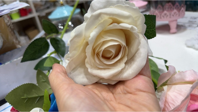 絨面玫瑰 仿真花 單朵, 寬6公分絨面米白, 1個