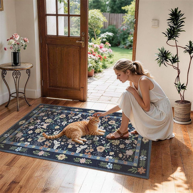 Floral Washable 2x3 Area Rugs: Blue Boho Soft Rug for Entryway Kitchen Bathroom Bedside - Soft Eas