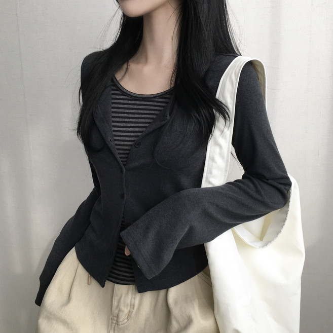 가디건입은듯! 일체형 이중 단가라 레이어드 긴팔티셔츠 2color