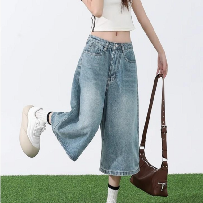 스타일닥터 여성 여름 빈티지 버뮤다 데님팬츠 하이웨스트 와이드 팬츠 7부 데님 팬츠