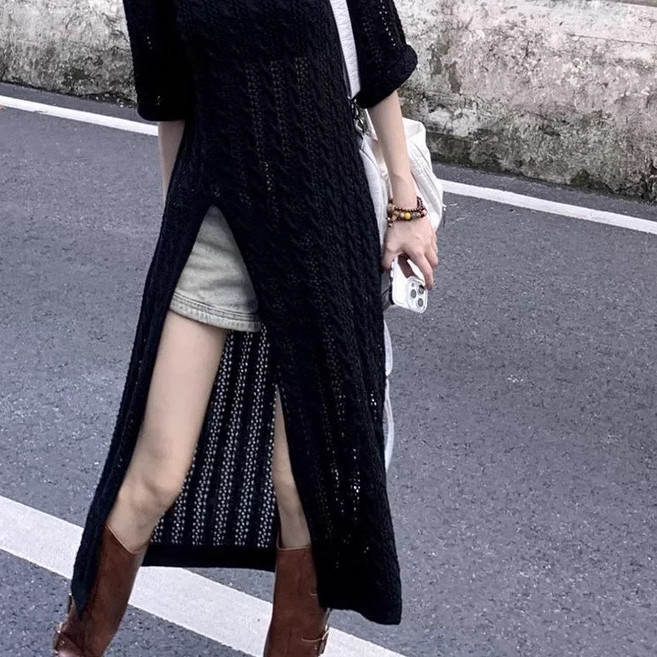 여성 레이어드 니트 원피스 캐주얼 봄 여름 펀칭 원피스 기질 트임 반팔 니트 원피스 ZZL