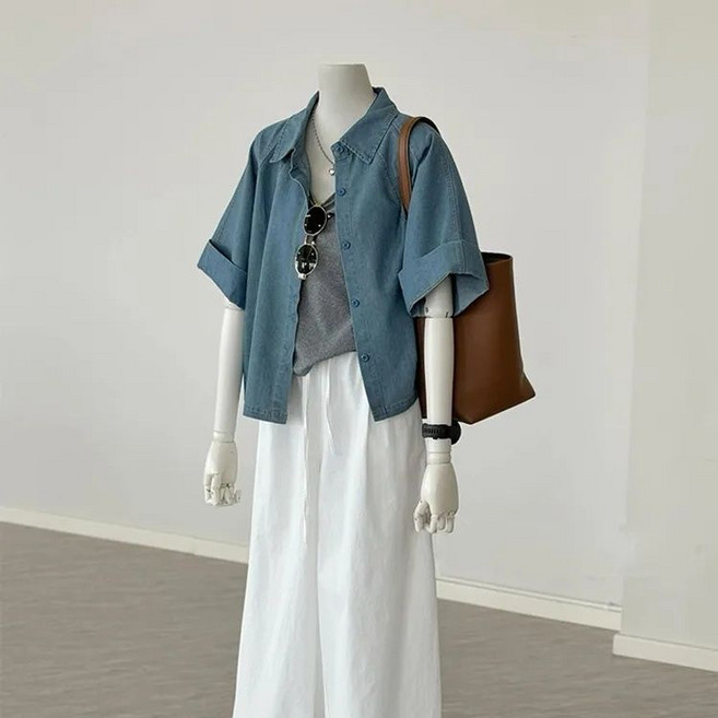 여성 반팔 데님 코트 봄 여름 패션 루즈핏 상의 기질 빈티지 청자켓 캐주얼 아우터 LJX