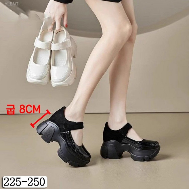 YLEMI 여성 통굽 구두단화 가보시 미들힐 스퀘어 구두 키높이 8cm
