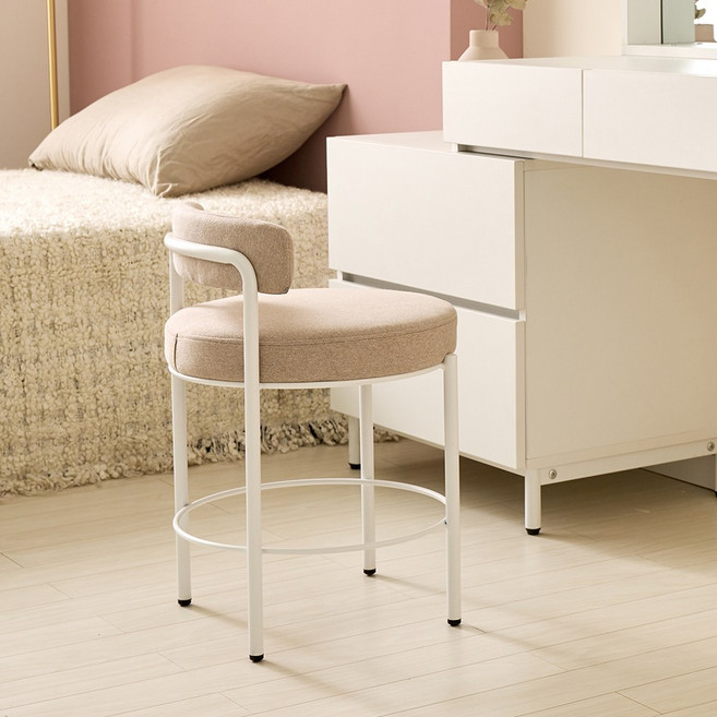 퍼니츠 오브르 등받이 원형 스툴의자 패브릭 화장대스툴 보조의자 3colors, 화이트