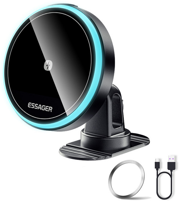 Essager 마그네틱 차량용 충전기 LED 라이트 맥세이프 15w 고속 무선충전+송풍구형 거치대, 흡착형