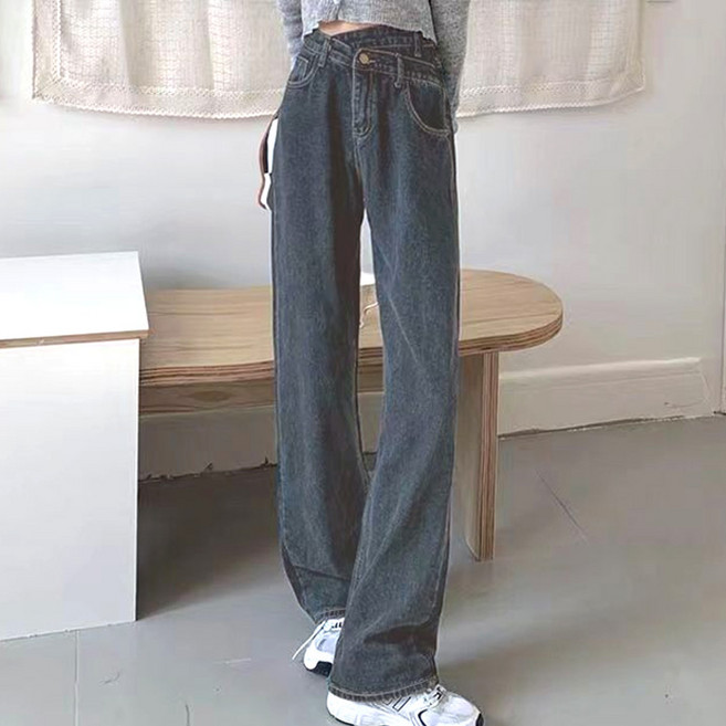여성 하이웨스트 크로스 데님 일자핏 청바지