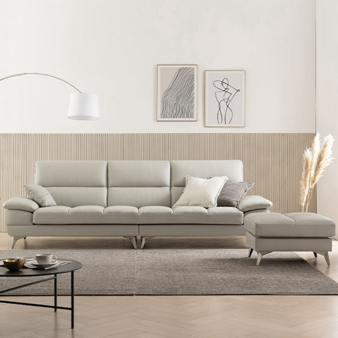 삼익가구 오스틴 천연면피 프리미엄 통가죽 4인용 소파, 스툴포함, 02. 라이트베이지