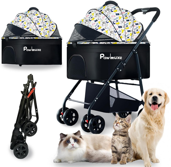PawLuxe 4륜 반려동물 유모차 4-in 1 유모차 소형 및 중형견을 위한 탈착식 캐리어 포함 고양이 최대 55파운드의 간편한 접이식 여행용 개 왜건 카시트 통기성 메쉬, White Cartoon