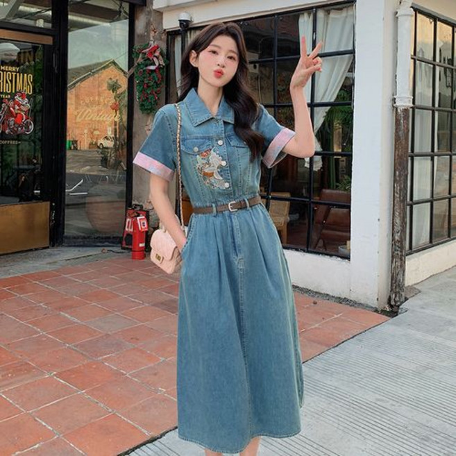뉴욕멋쟁이 나비자수 데님 미디 원피스+벨트 세트