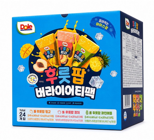 돌 후룻팝 버라이어티팩/3가지맛 망고 피치 파인애플, 24개, 62ml