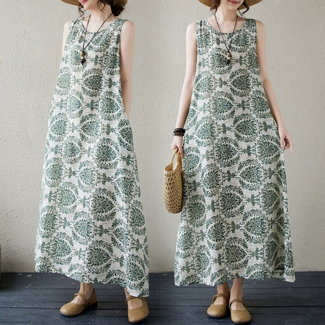 LUNATURE 여성 여름 나시 린넨 나염롱 원피스 플라워 휴가룩