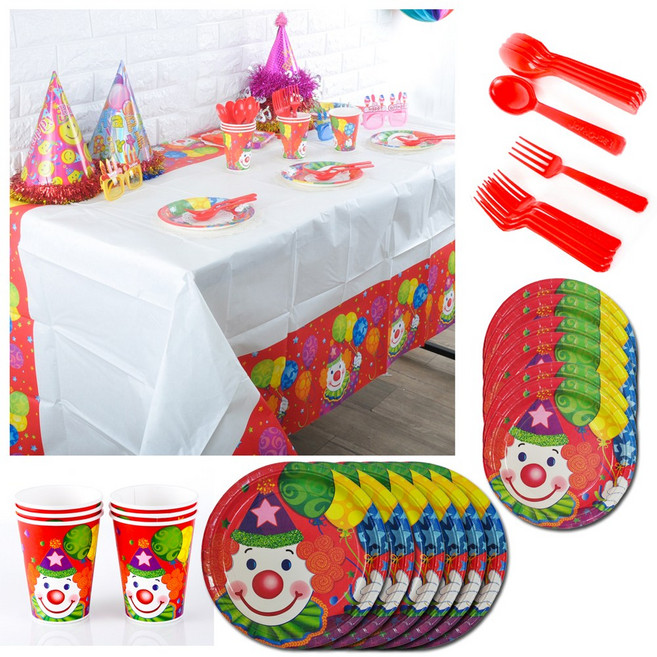 홈파티 파티장식 테이블데코 포토존 셀프파티 식기세트 테이블장식 파티풍선 파티접시 고깔모자 토퍼, 1개, 삐에로 파티 식기세트 (5인용)