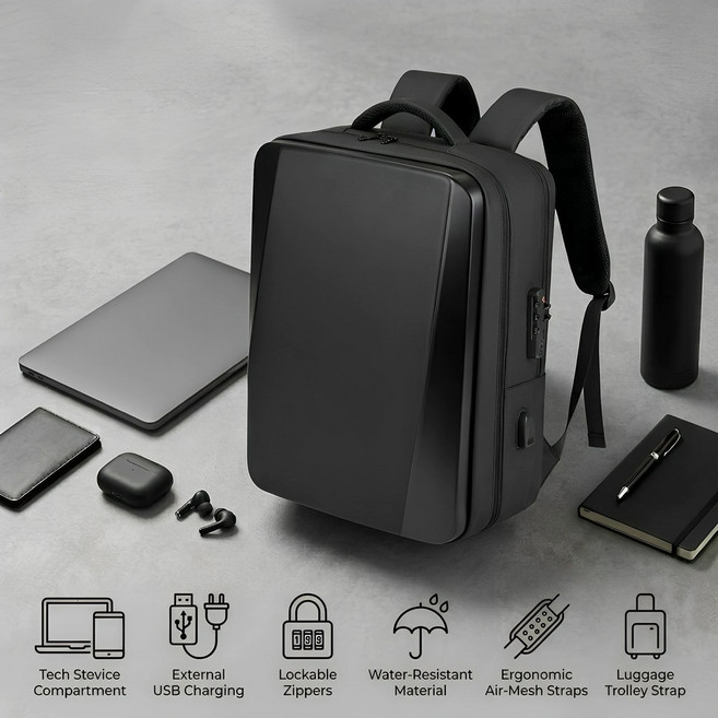 하드쉘 비즈니스 백팩 ABS 방수 도난방지 잠금 USB 충전 포트 인체공학적 출장 통근 가방
