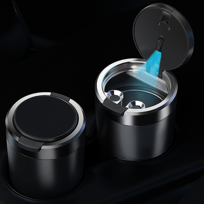 원터치 차량 LED 재떨이 휴지통, 1개, 실버