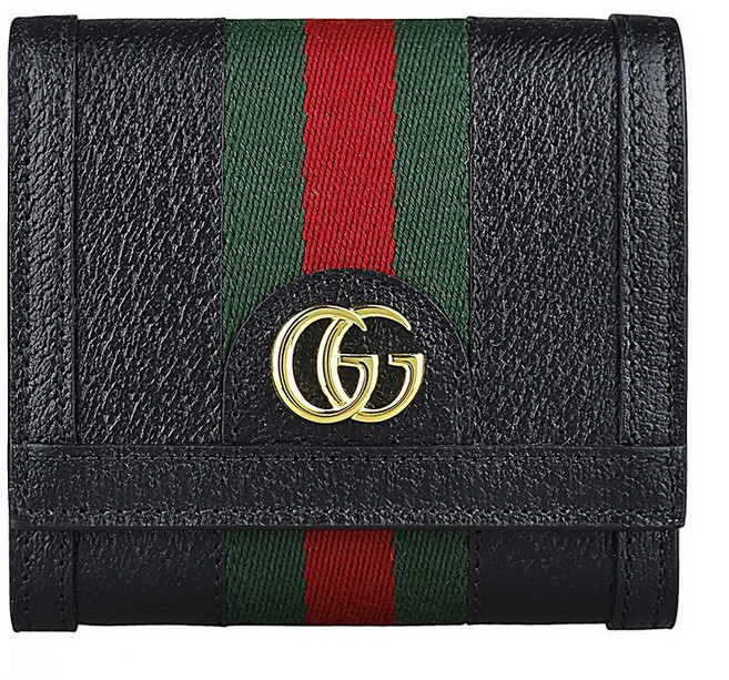 GUCCI Ophidia金屬字母LOGO條紋織帶牛皮6卡釦式零錢短夾