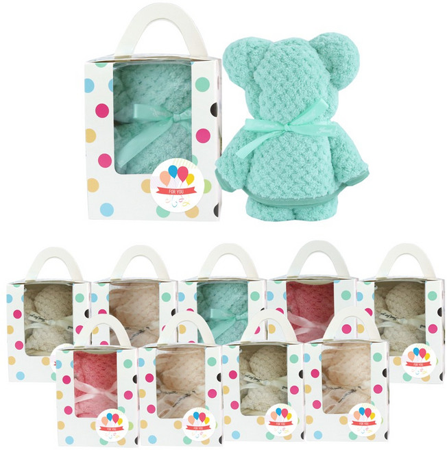 어린이집 구디백 고리 수건 생일 답례품 미니 핸드 타올 30X30 네임택 어린이 유치원 단체 선물, 도트창상자+곰수건(소)+스티커2장, 10세트