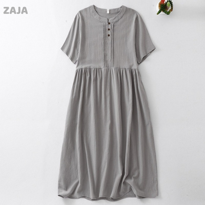 ZAJA 여성 여름 루즈핏 원피스 단색 린넨 면 편안한
